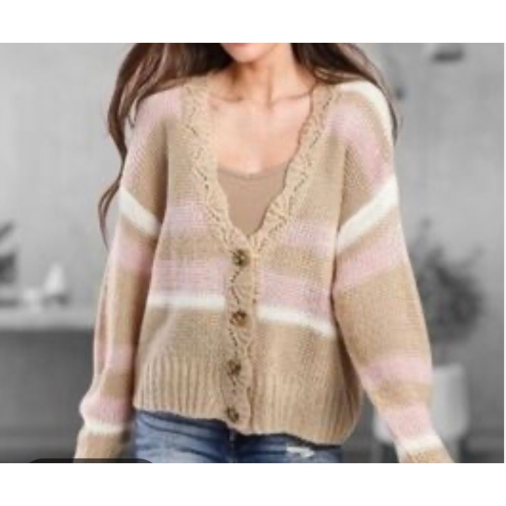 Wishlist Buckle NWT Womens Striped Button Front Cardigan Tan Pink S/M